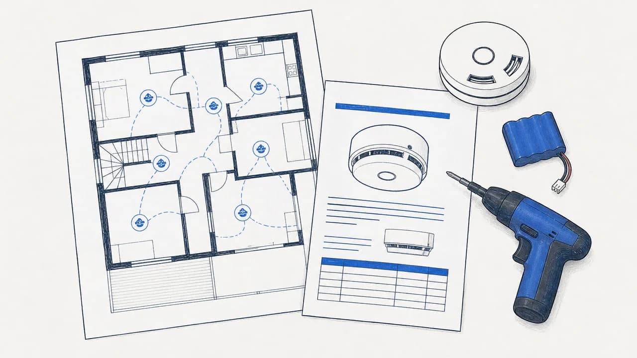 Aufsicht eines Deckenplans mit Rauchmeldersymbolen, eines Produktdatenblatts, eines Batteriepacks und eines Akku-Schraubers.