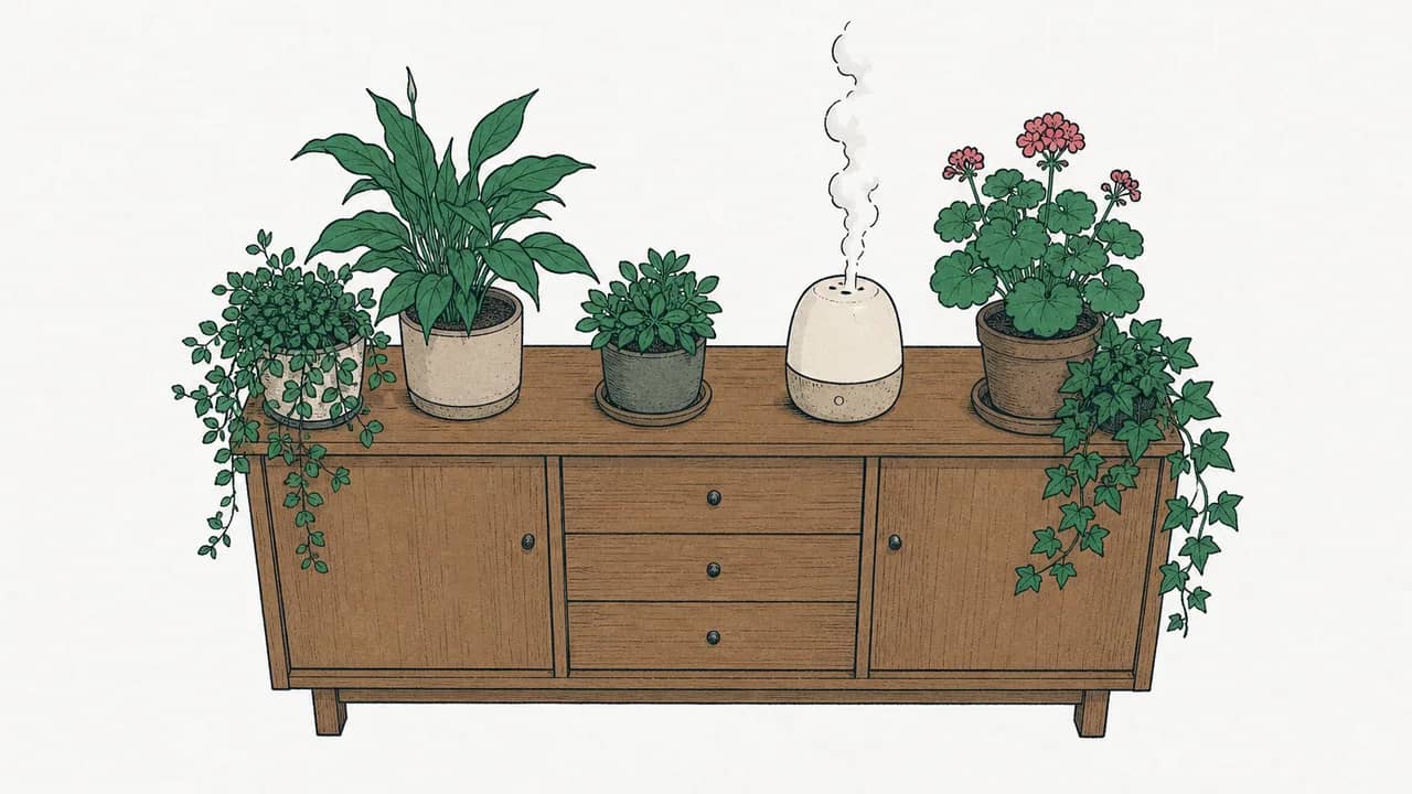 ein Holz-Sideboard mit mehreren Topfzimmerpflanzen und einem kleinen Keramik-Luftbefeuchter, aus dem Dampf steigt.