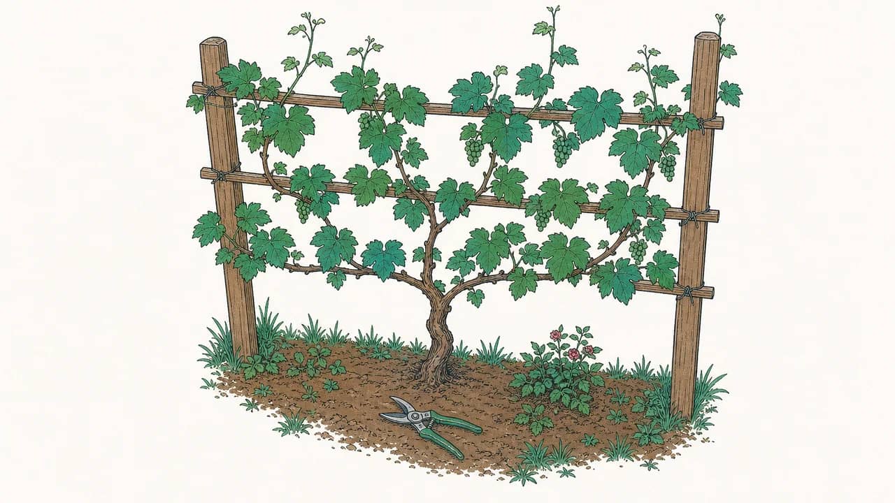Eine an einem Holzspalier erzogene Rebe mit einer am Wurzelbereich liegenden Gartenschere.
