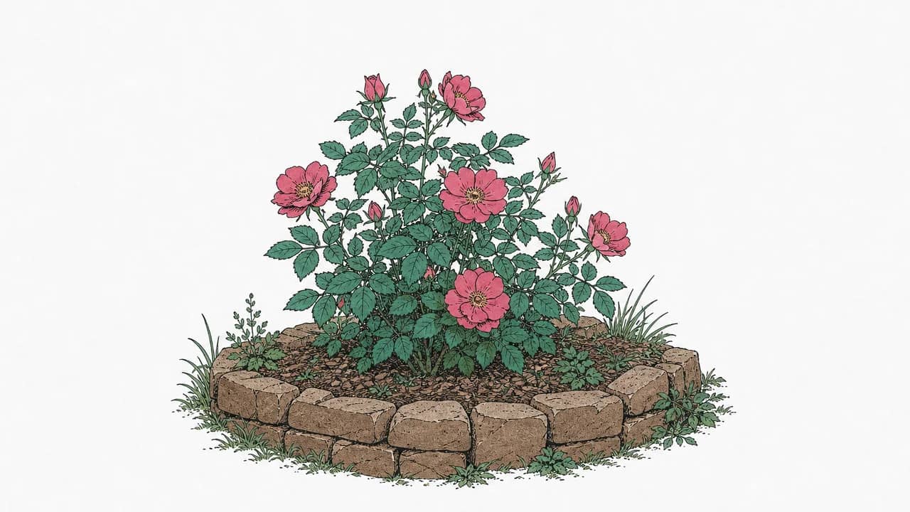 eine niedrige Steinbegrenzung mit einem kompakten remontanten Rosenbusch, der mehrere halbgefüllte rosa Blüten trägt.