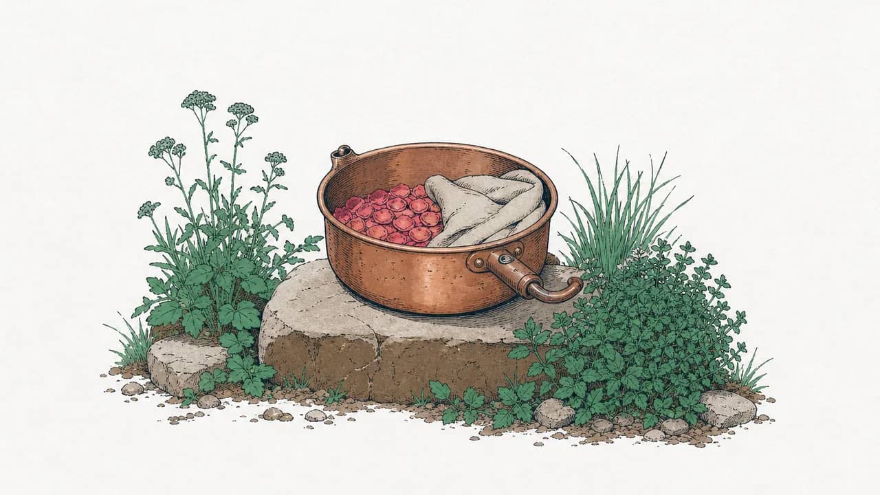 Ein kleiner Kupfer-Destillationskessel halbvoll mit Rosenblättern und ein gefaltetes Leinentuch auf einem niedrigen Steintritt.