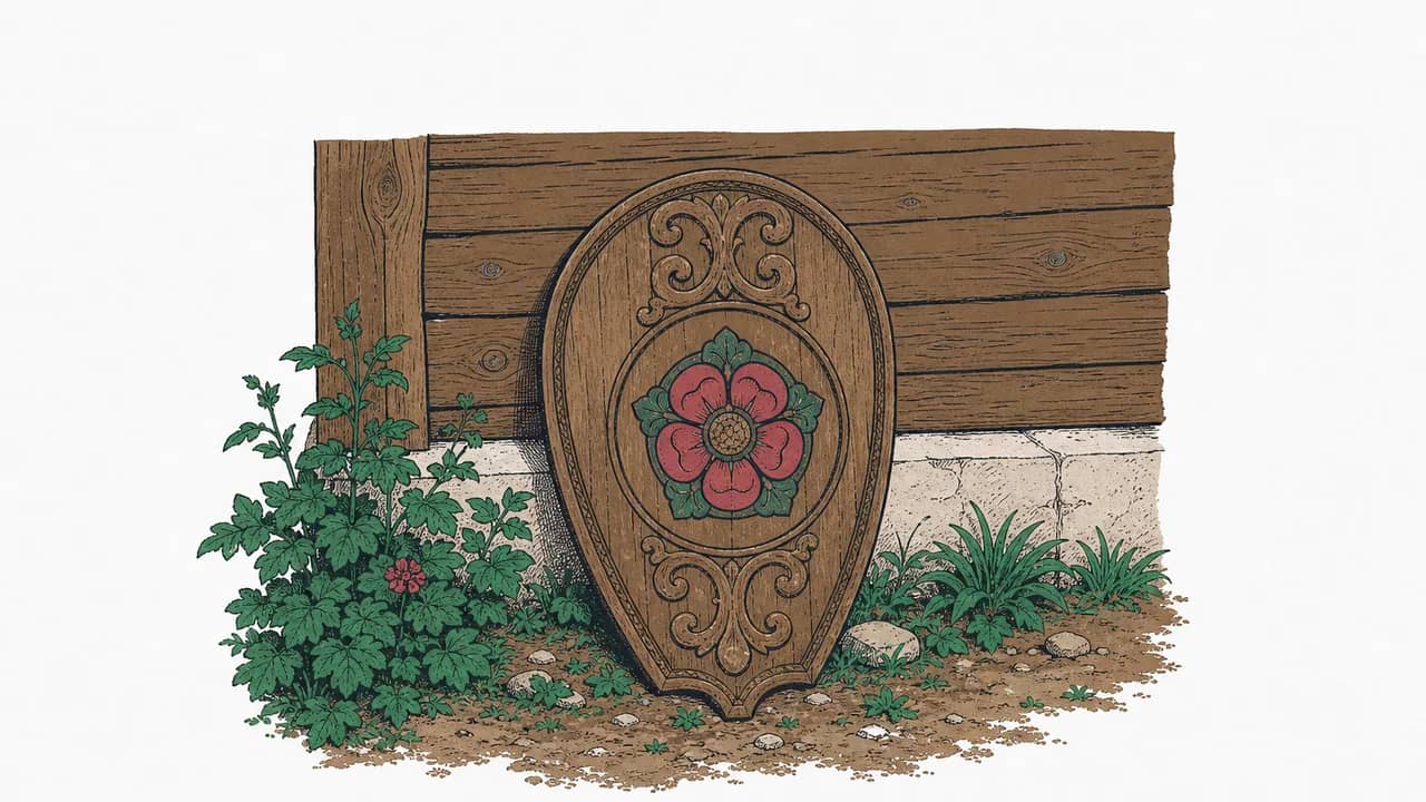 Ein antikes geschnitztes Holzschild lehnt an einer Holzfassade und zeigt eine stilisierte heraldische Rose.