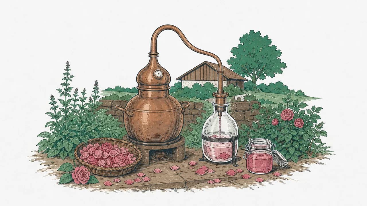 Ein kleiner kupferner Destillierkolben mit Glasauffanggefäß und einem Glas mit rosa Rosenöl, umgeben von frischen Rosenblättern.