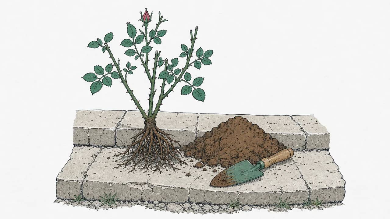 Eine wurzelnackte Rosenpflanze neben einem Erdklumpen und einer kleinen Handkelle auf einem steinernen Türvorplatz.