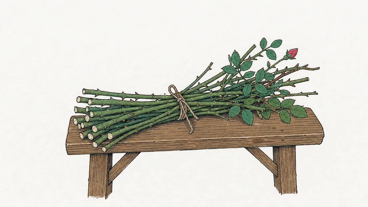 ein Bündel frisch geschnittener Rosenruten, mit Bindfaden zusammengebunden, ruhend auf einer Holzbank sehen.