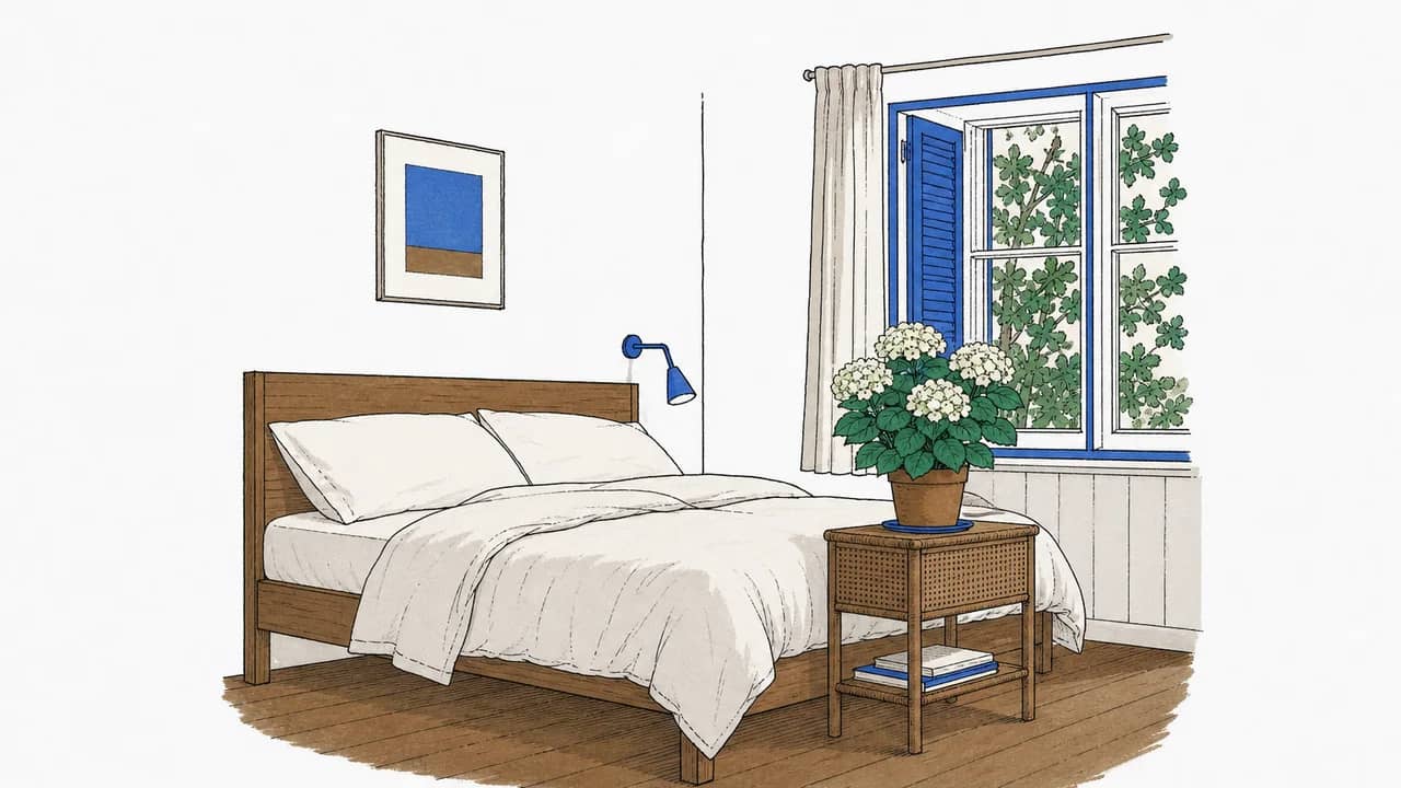 Ein Eichenbettgestell mit Leinenbettdecke, daneben ein Rattan-Nachtkästchen mit einer Topf-Hortensie im Morgenlicht.
