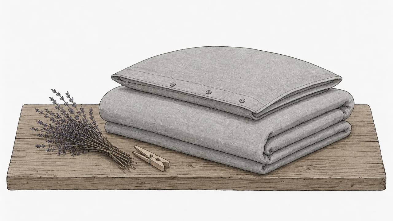 Ein ordentlich gefalteter Leinen-Duvetbezug und passendes Kissenbezug auf einem Holztisch, daneben getrocknete Lavendelzweige und eine Holzklammer.