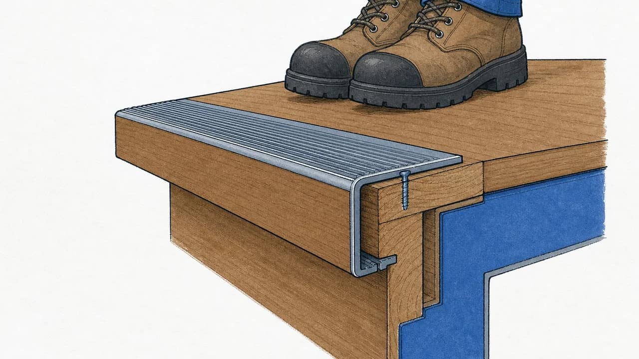 Eine Holzstufe mit eingebauter rutschfester Metalltrittkante und einem Paar Stahlkappenschuhe, die darauf ruhen.