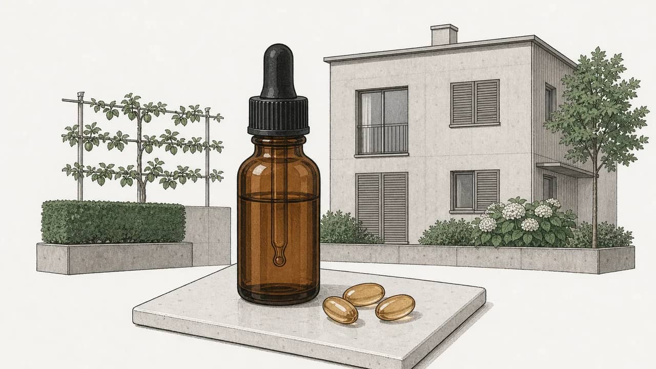 Amberfarbene Tropfflasche mit Pipette, auf einer weissen Keramikfliese stehend, und drei Weichgelkapseln daneben verschüttet.