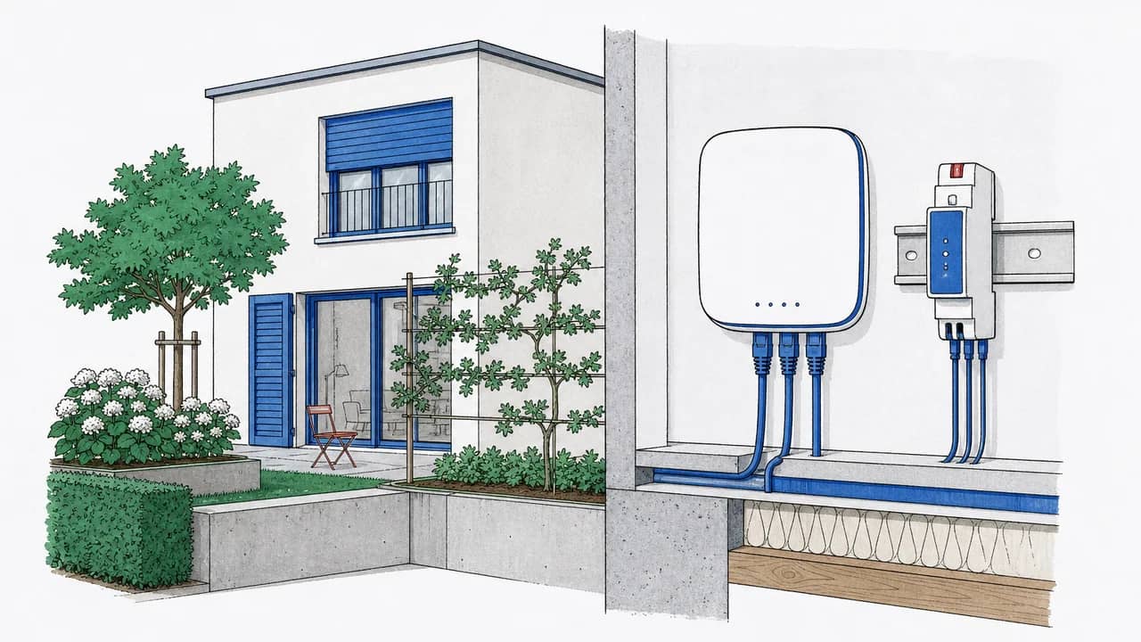 Ein an der Wand montierter Mesh-WiFi-Router mit drei Ethernetkabeln und einem daneben angebrachten DIN-Schienen-Smartmodul.