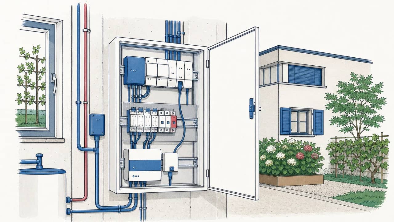 Ein offener Verteilkasten im Hauswirtschaftsraum mit Smart‑Home‑Modulen auf der Hutschiene, Relais und einem angeschlossenen Ethernetkabel.