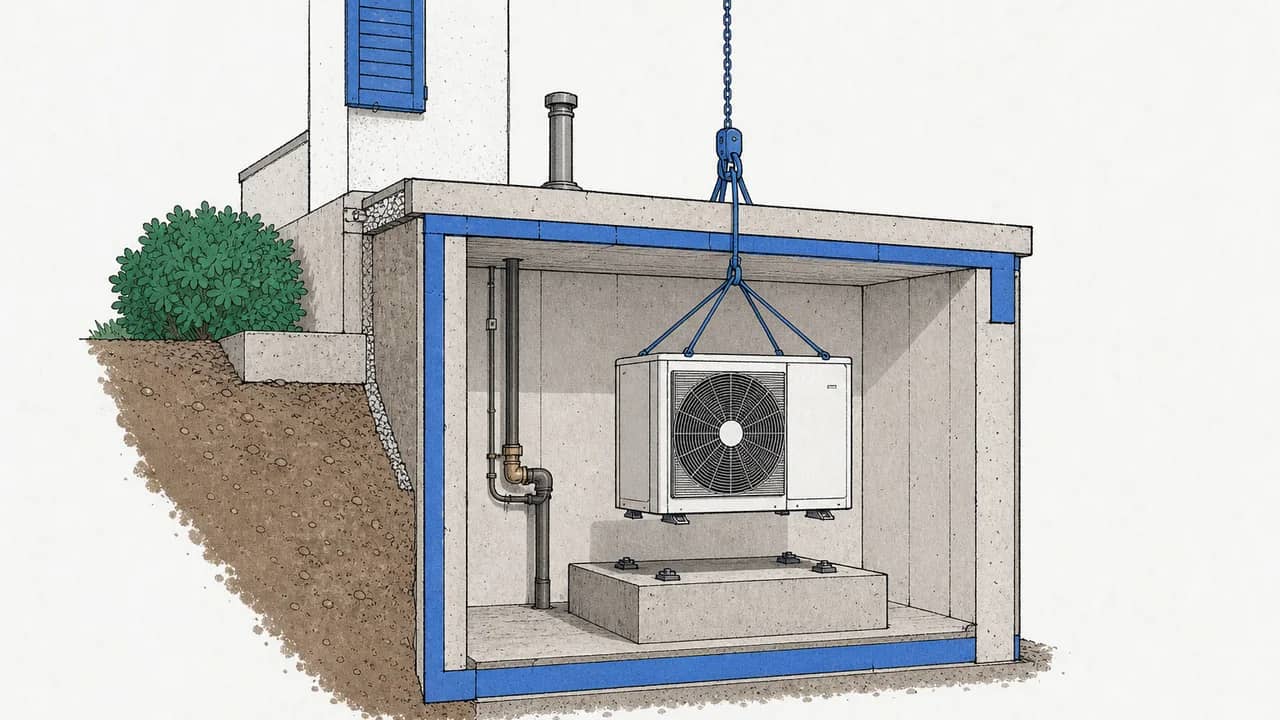 Zu sehen ist eine Heizkellernische, eine kompakte Wärmepumpeneinheit, die auf einen Beton-Serviceplinth herabgelassen wird.