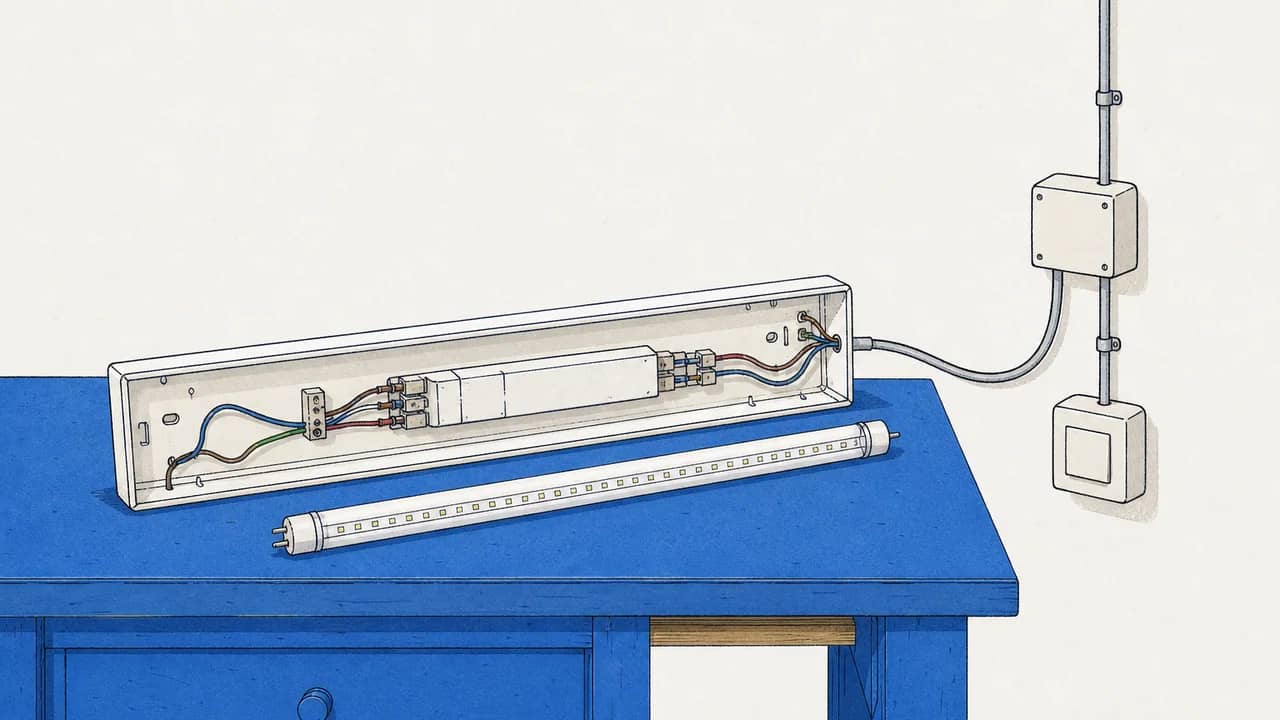 Eine entfernte Deckenleuchte auf der Werkbank, daneben eine LED‑Röhre sowie das abgesteckte Vorschaltgerät mit losen Anschlusskabeln.
