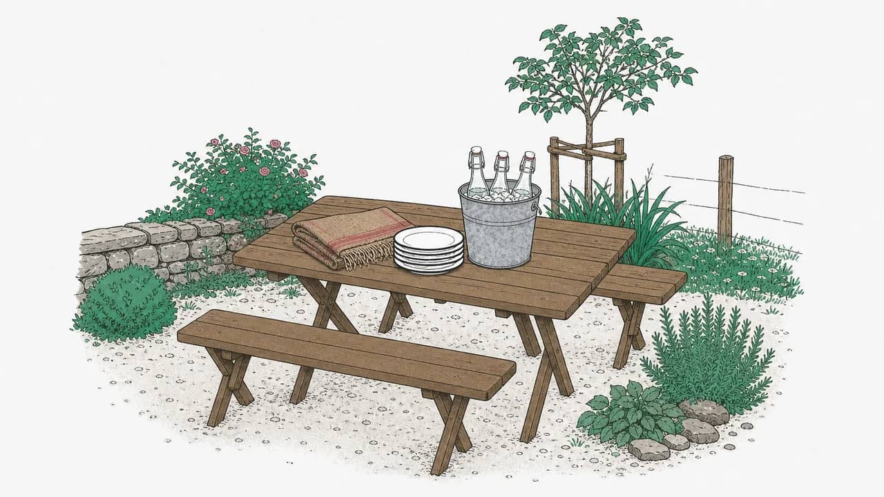 Ein zusammenklappbarer Holztisch mit gefalteter Wolldecke, einem Stapel Emailleteller und einem verzinkten Eisbehälter mit drei Glasflaschen.