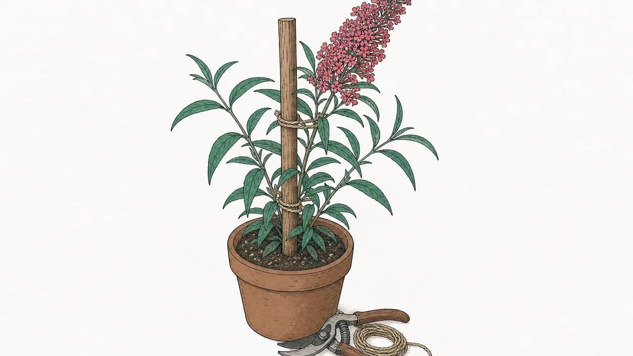 Eine blühende Buddleja-Rispe, an einem Holzpfahl in einem Terrakottatopf festgebunden, mit einer Schnurschlinge und ruhenden Gartenscheren.