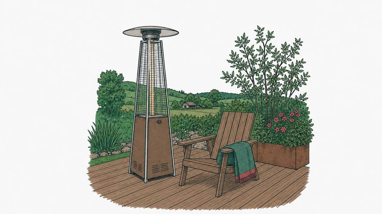 Eine Terrasse mit Holzdeck, ein metallener Gasheizer steht neben einem Holzliegestuhl, über dem eine gefaltete Wolldecke liegt.