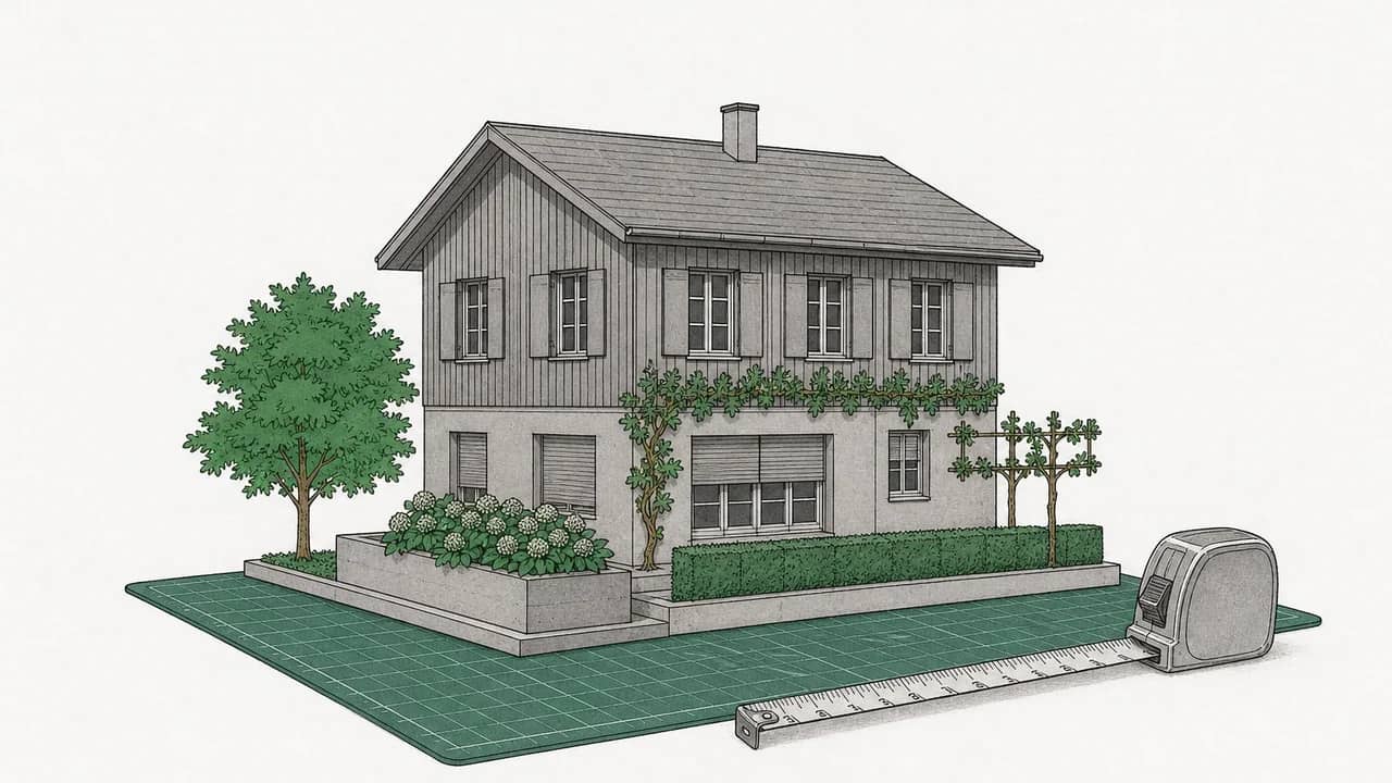 Ein kleines Holzmodellhaus steht auf einer grünen Schneidematte mit einem ausgerollten Metallmaßband daneben.