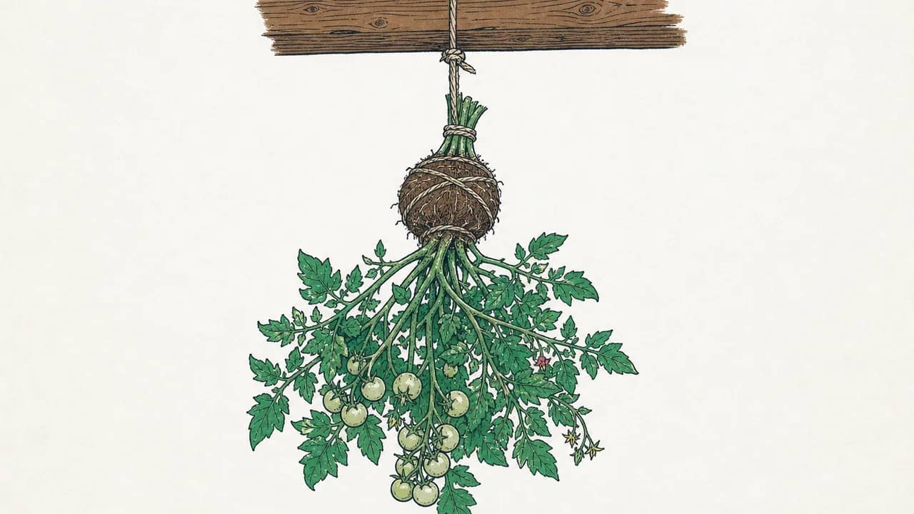 Eine ausgegrabene Cherry‑Tomatenpflanze mit eingewickeltem Wurzelballen, kopfüber an einer Schnur von einem Holzbalken hängend, mit hellgrünen Früchten.