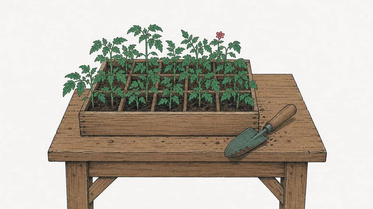 Eine hölzerne Saatkiste mit verschiedenen Tomatensämlingen und einer kleinen Handschaufel auf einer Holz-Pflanzerbank.