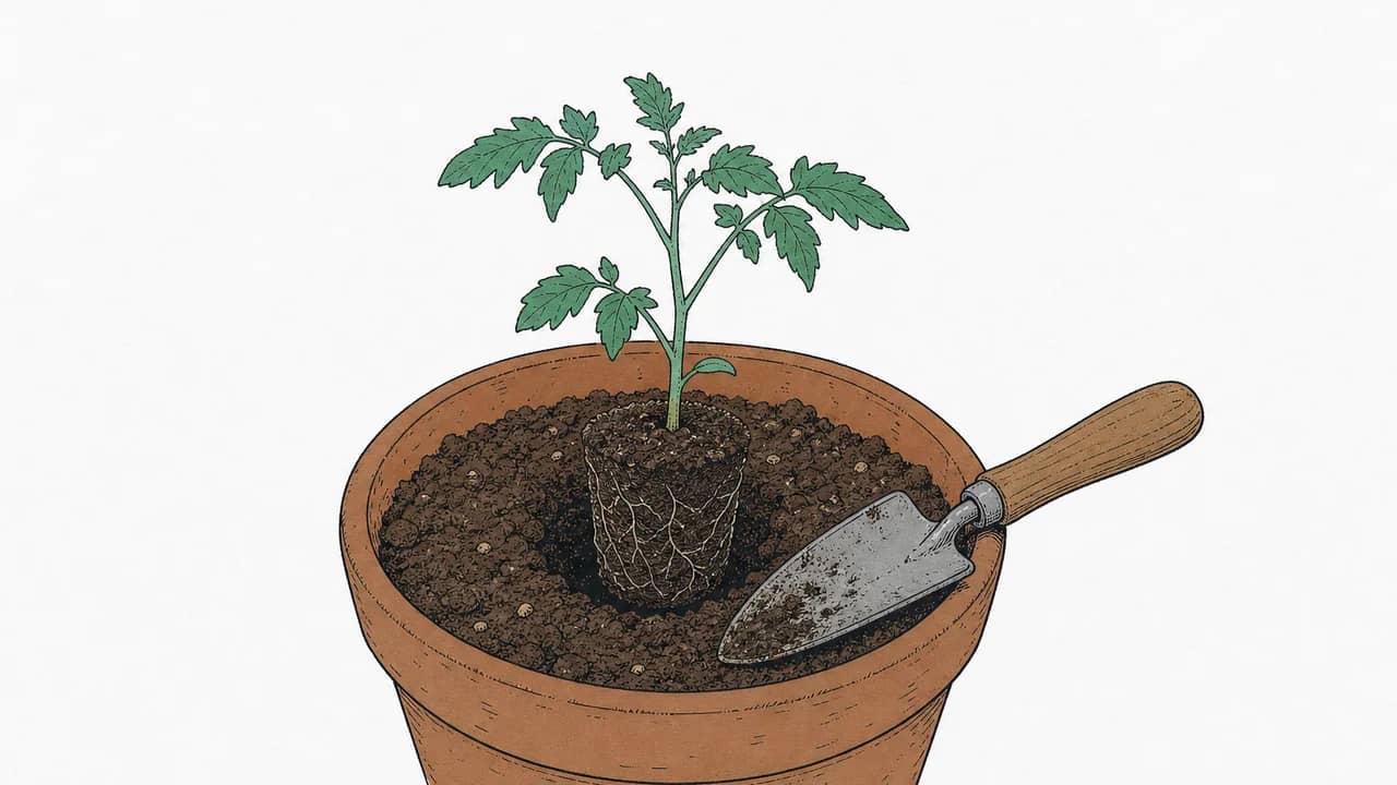 Eine einzelne Tomatenpflanze wird in einen Terrakottopf mit Pflanzenerde gesetzt, eine kleine Handkelle ruht am Topfrand.