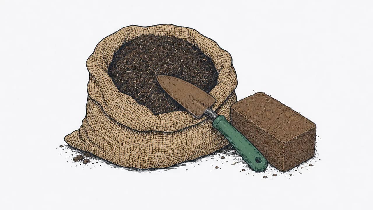 Ein offener Jutesack mit torffreier Pflanzerde, daneben ein gepresster Kokosfaserblock und eine kleine Gartenkelle liegt quer auf dem Sack.