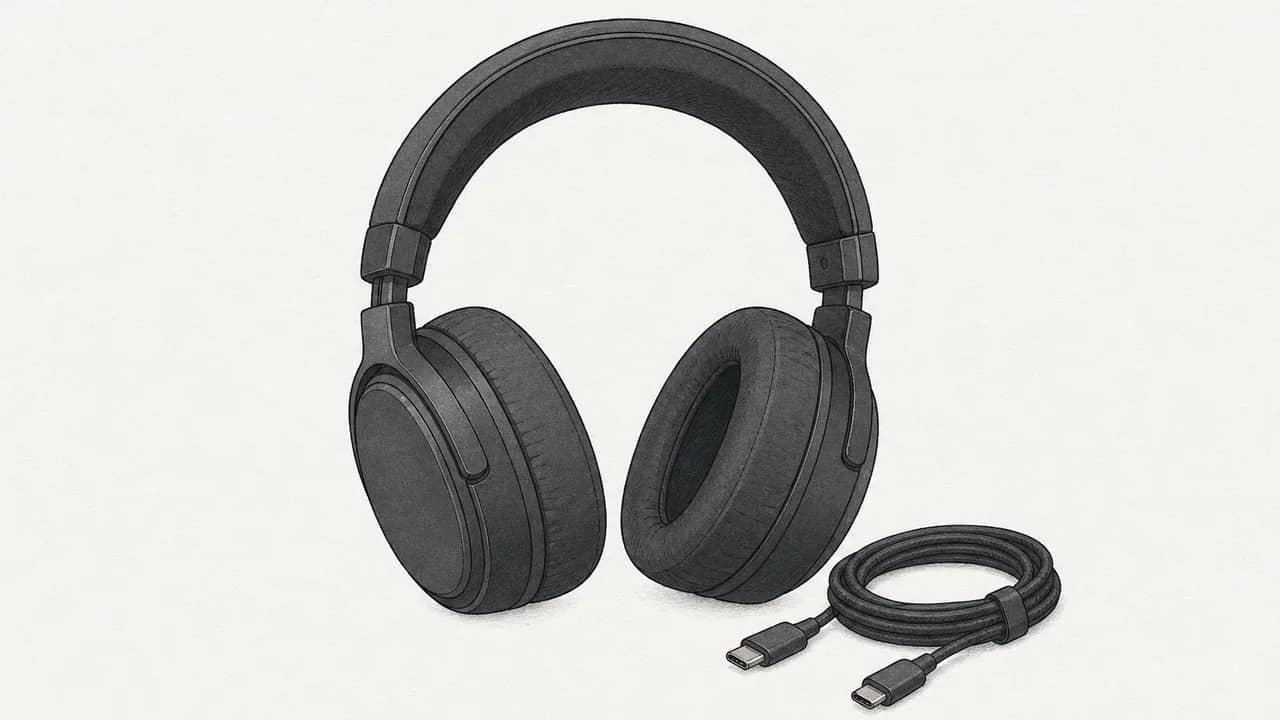 Schwarze Over‑Ear‑Gaming‑Kopfhörer, zentriert auf einem schlichten Tisch, und ein aufgewickeltes USB‑C‑Kabel daneben.