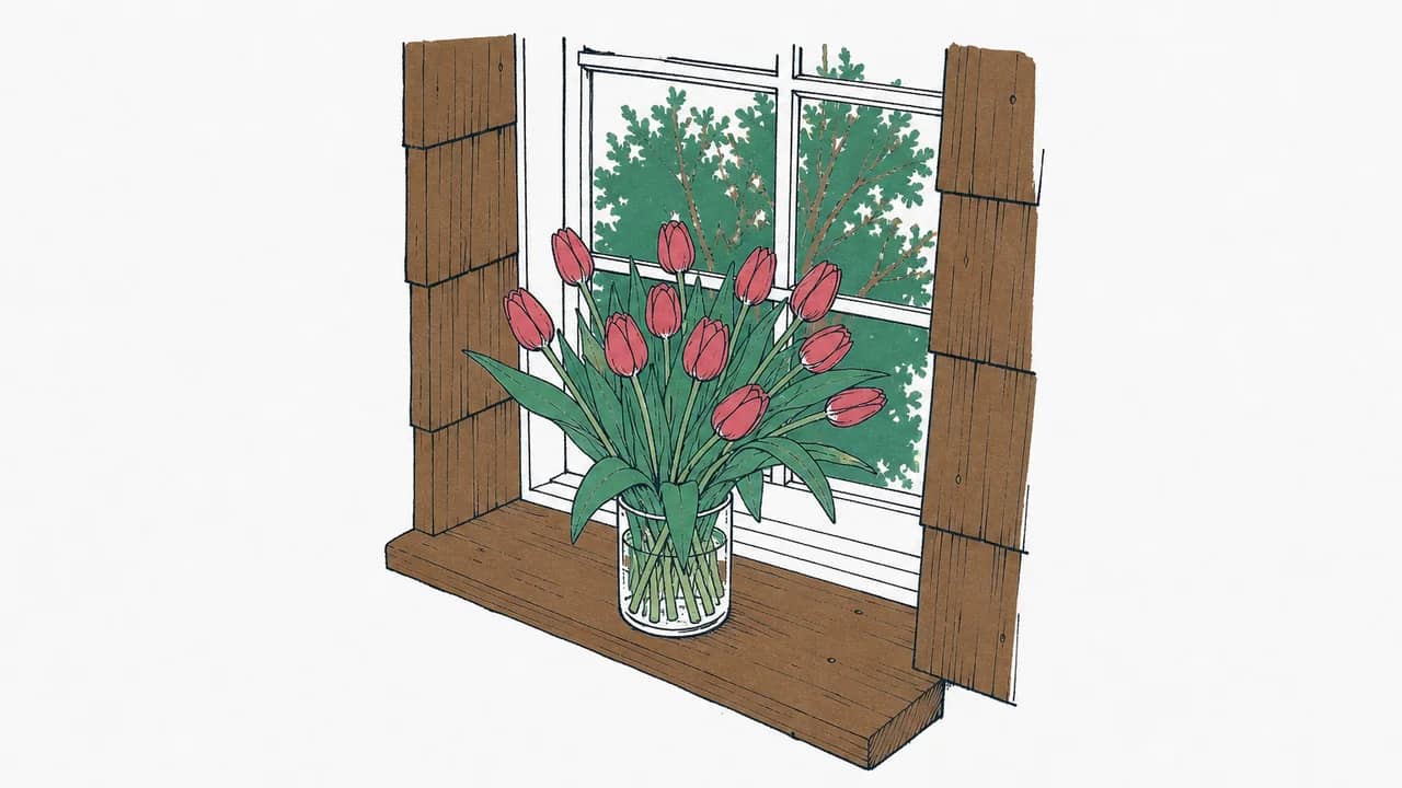 Eine Glasvase mit frisch geschnittenen Tulpen auf einer Fensterbank vor einer holzverkleideten Wand.