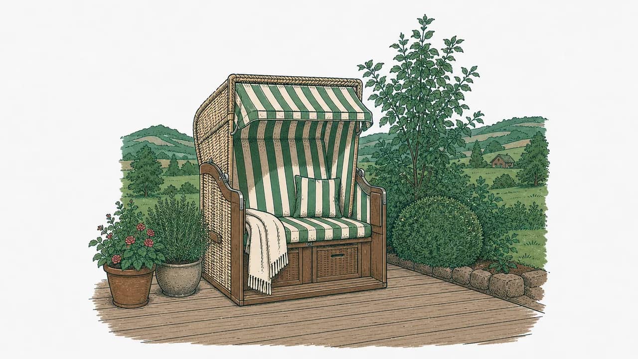 Ein traditioneller, gestreifter Strandkorb steht auf einem sonnenbeschienenen Holzdeck, mit einer gefalteten Baumwolldecke über einer Seite.