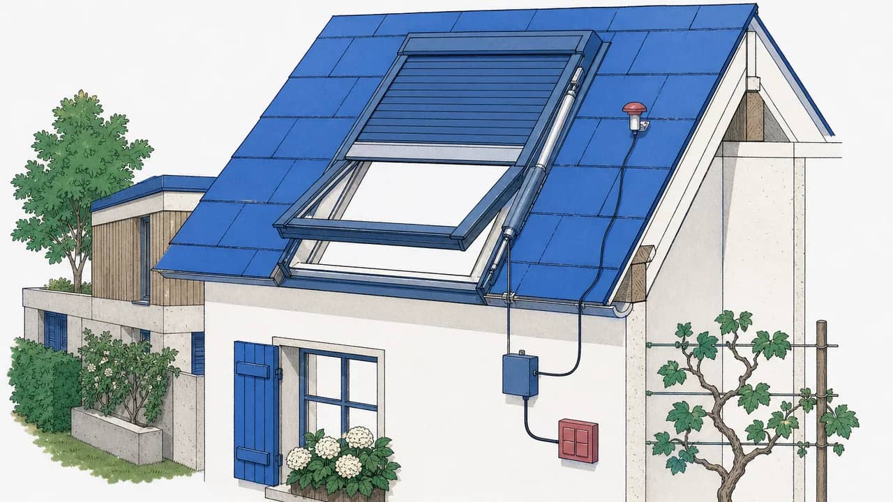 Ein motorisiertes INTEGRA-Dachfenster leicht angekippt, mit heruntergelassenem Aussenrollladen, sichtbarem elektrischen Antrieb und einem Regenmeldersignal-Kabel.