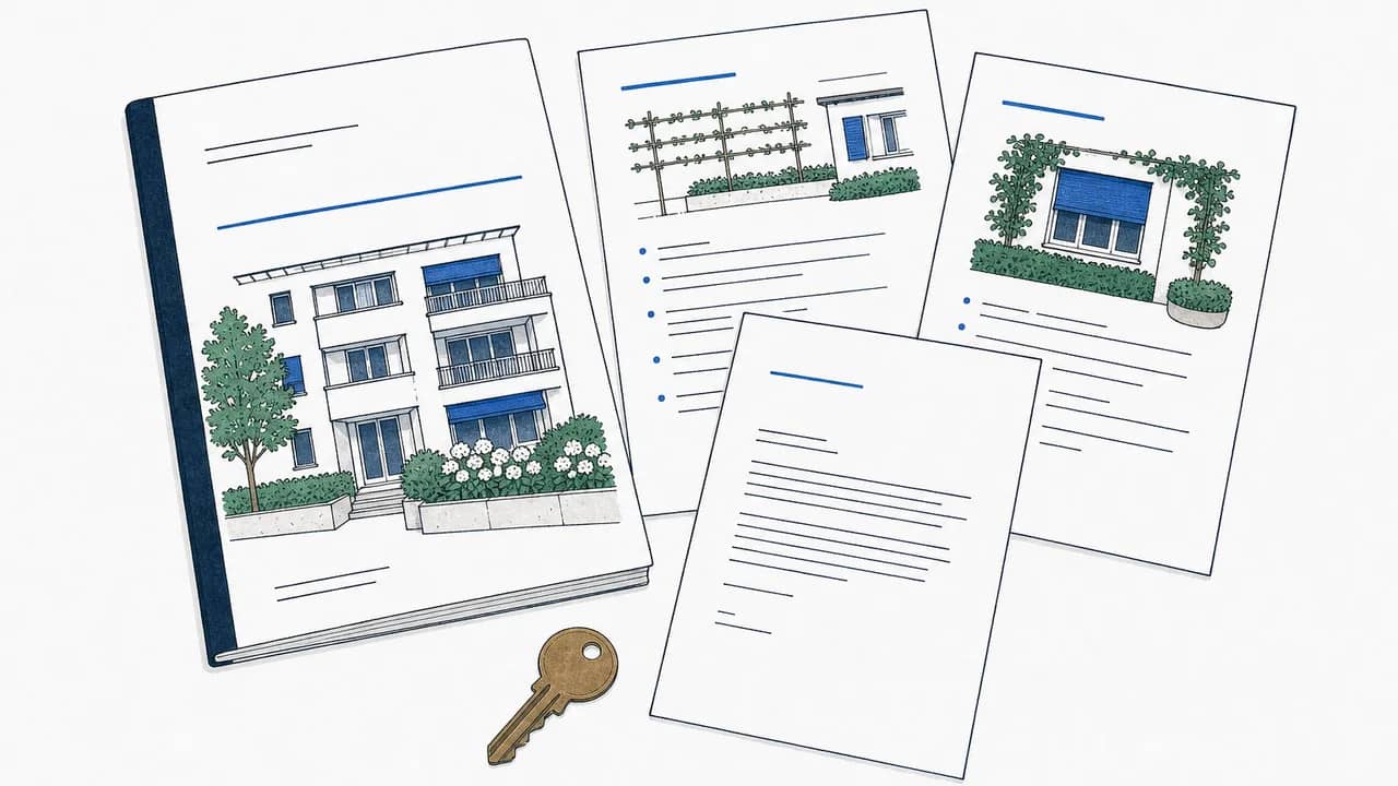 Aufsicht eines Verwaltervertrags für Stockwerkeigentum, ausgedruckter Versammlungsprotokollseiten, eines Verwalterkündigungsschreibens und eines kleinen Messingschlüssels.