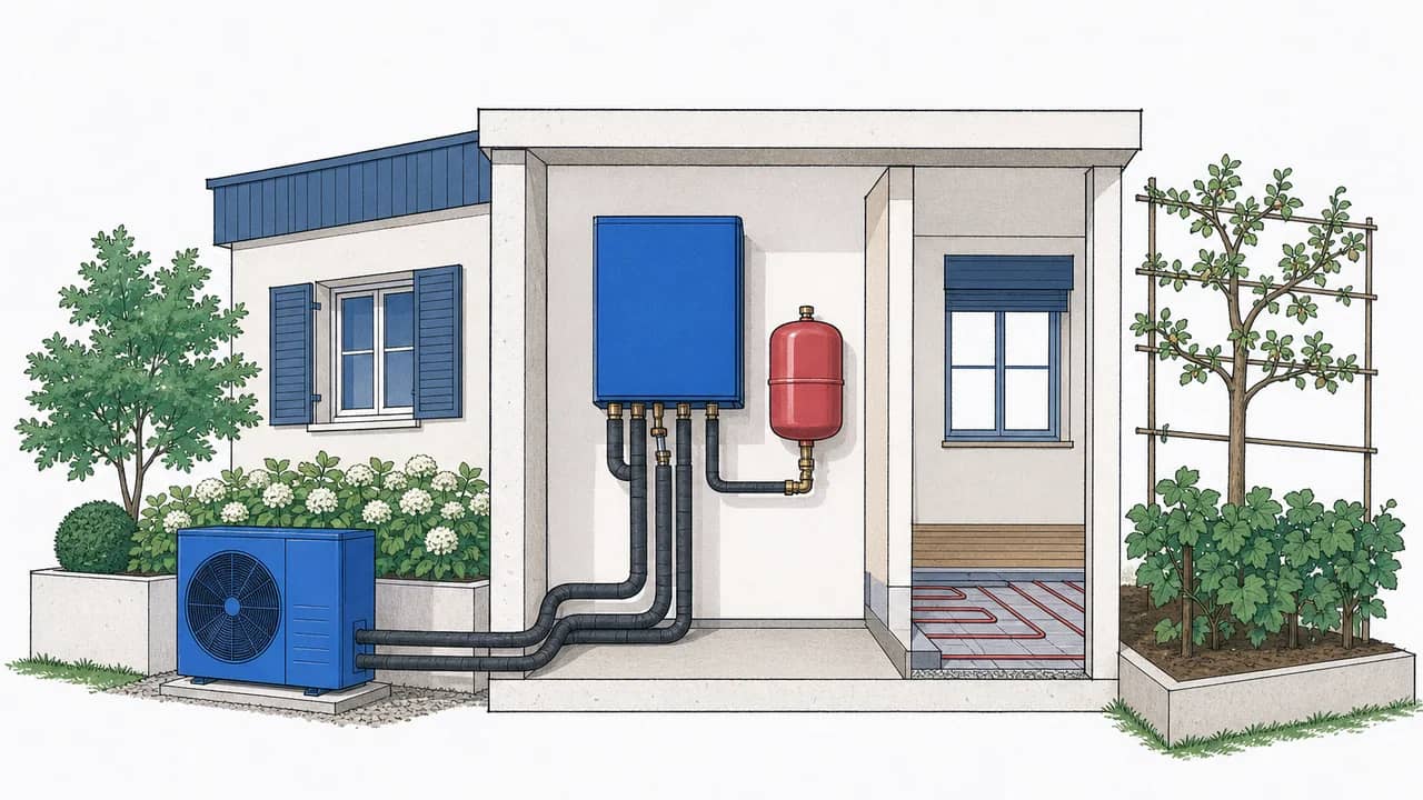 Ein wandmontiertes Luft-Wasser-Wärmepumpen-Hydraulikmodul mit isolierten Vor- und Rücklaufrohren und einem roten Ausdehnungsgefäss daneben.