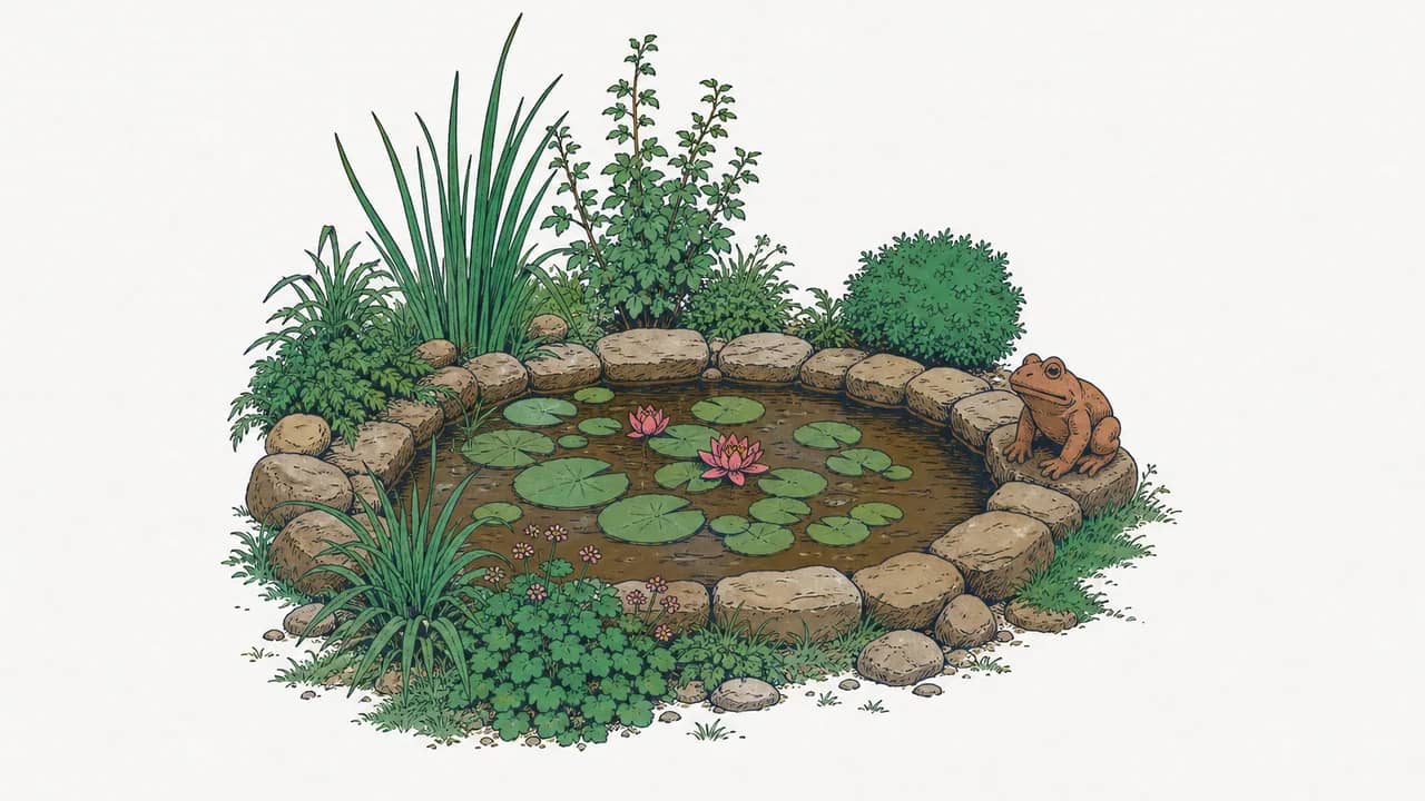 Ein steingefasster Gartenteich mit schwimmenden Seerosen und einer Terrakotta-Froschfigur auf dem Rand.
