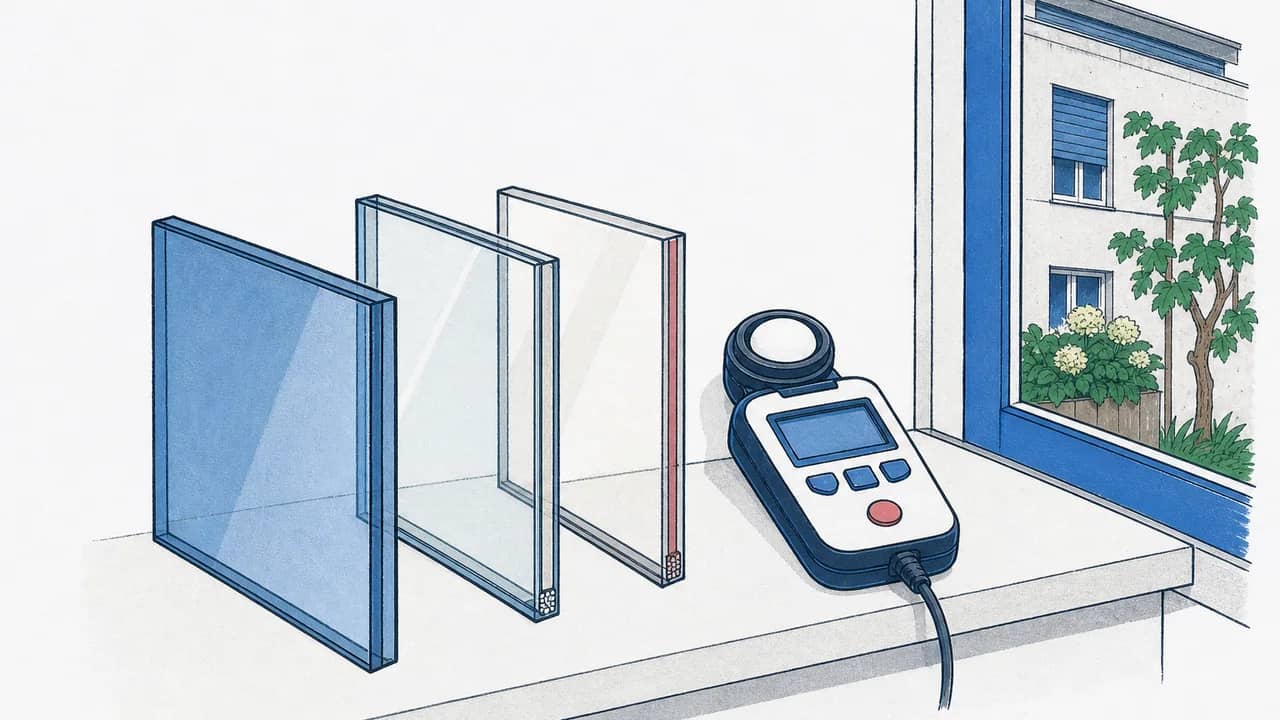 Drei verschiedene Glasmuster liegen auf einer Fensterbank fächerförmig, mit einem daneben platzierten Handlichtmessgerät.