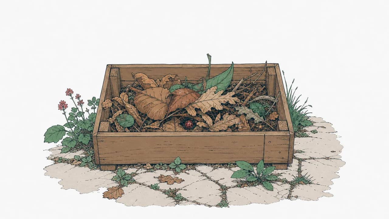 eine flache Holzkiste mit Herbstlaub und ein zusammengerollter Marienkäfer, unter den Blättern auf einem Gartenweg