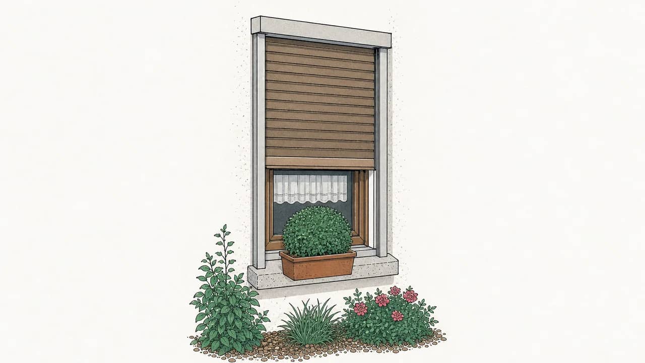 Ein halb heruntergelassener Außenrollladen am Fenster mit einer Aluminiumschiene für Sonnenschutz und einem Topf mit Buchsbaum.