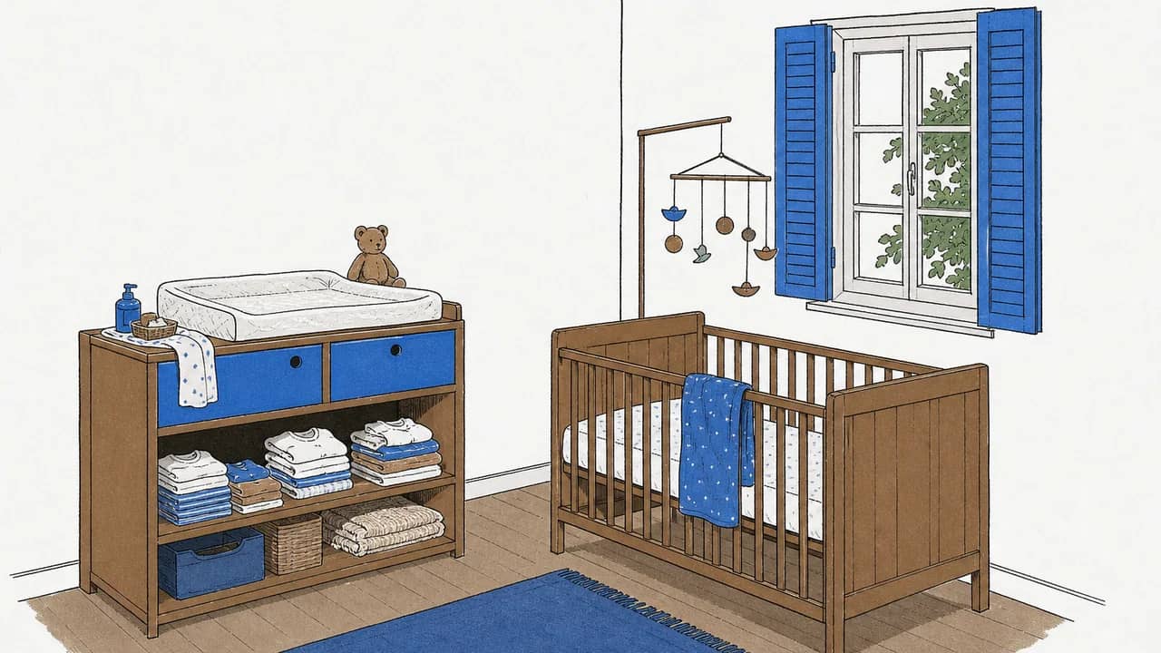 In einer Zimmerecke steht ein Wickeltisch, ein Holz-Kinderbett mit Mobile und auf einem offenen Regal ein Stapel gefalteter Baumwoll-Babykleider.