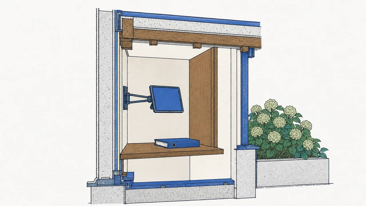 Eine study alcove mit einem wall-mounted tablet auf einem swivel bracket und einem closed ring binder, der auf einem wooden shelf liegt.