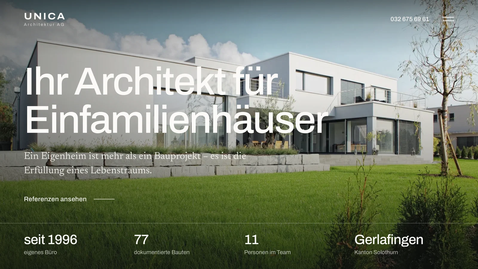 Kundenvorschau für ein Architekturbüro: Startseite mit Referenzobjekt und Kennzahlen